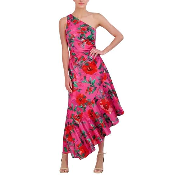 NWT Eliza J Petite Floral Satin Asymmetric-Hem Midi Dress Pink Multicolor Size 6 - Picture 1 of 9